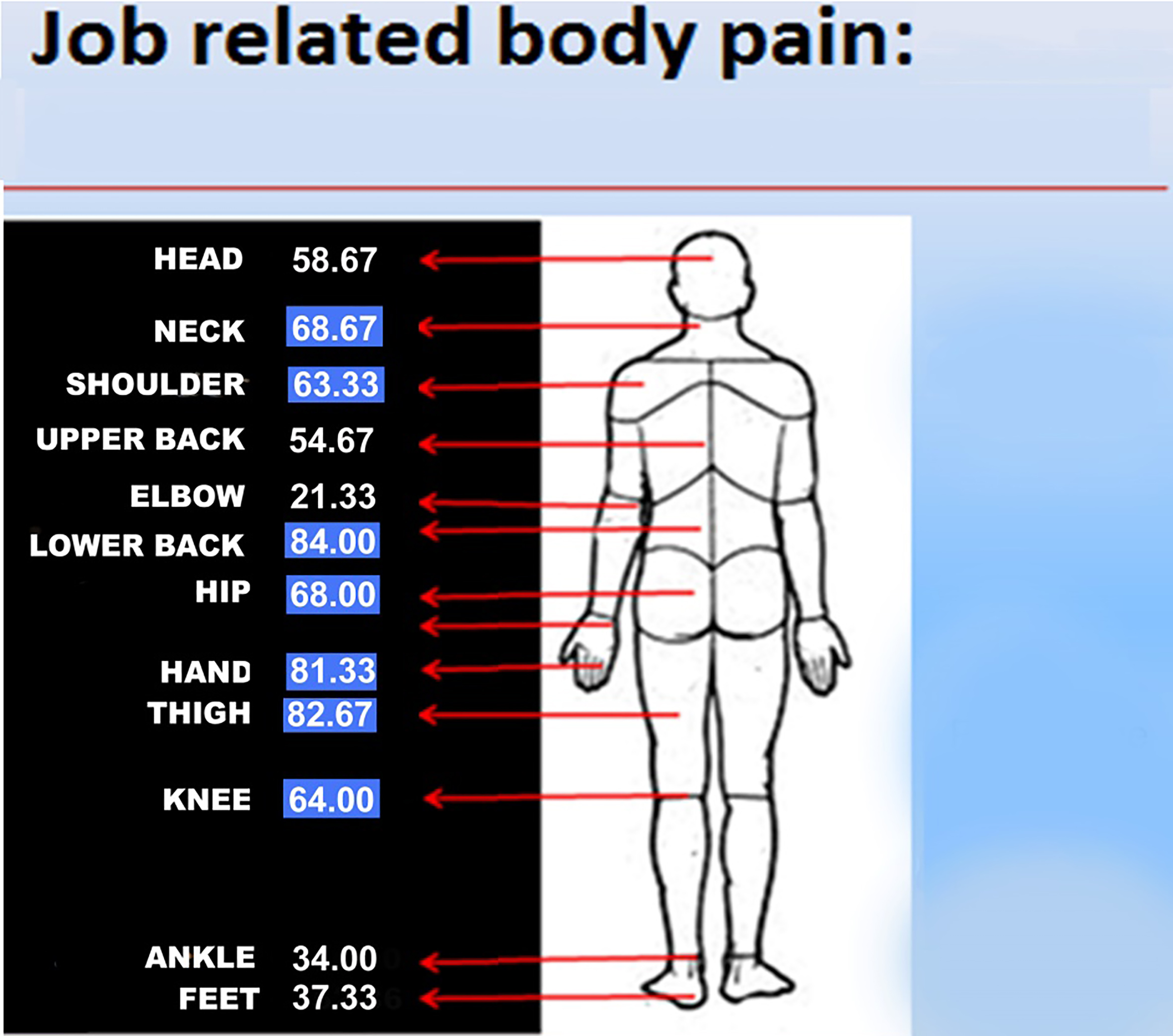 Percentage of motorbike riders experienced pain in different body parts (adapted from Nordic questionnaire).