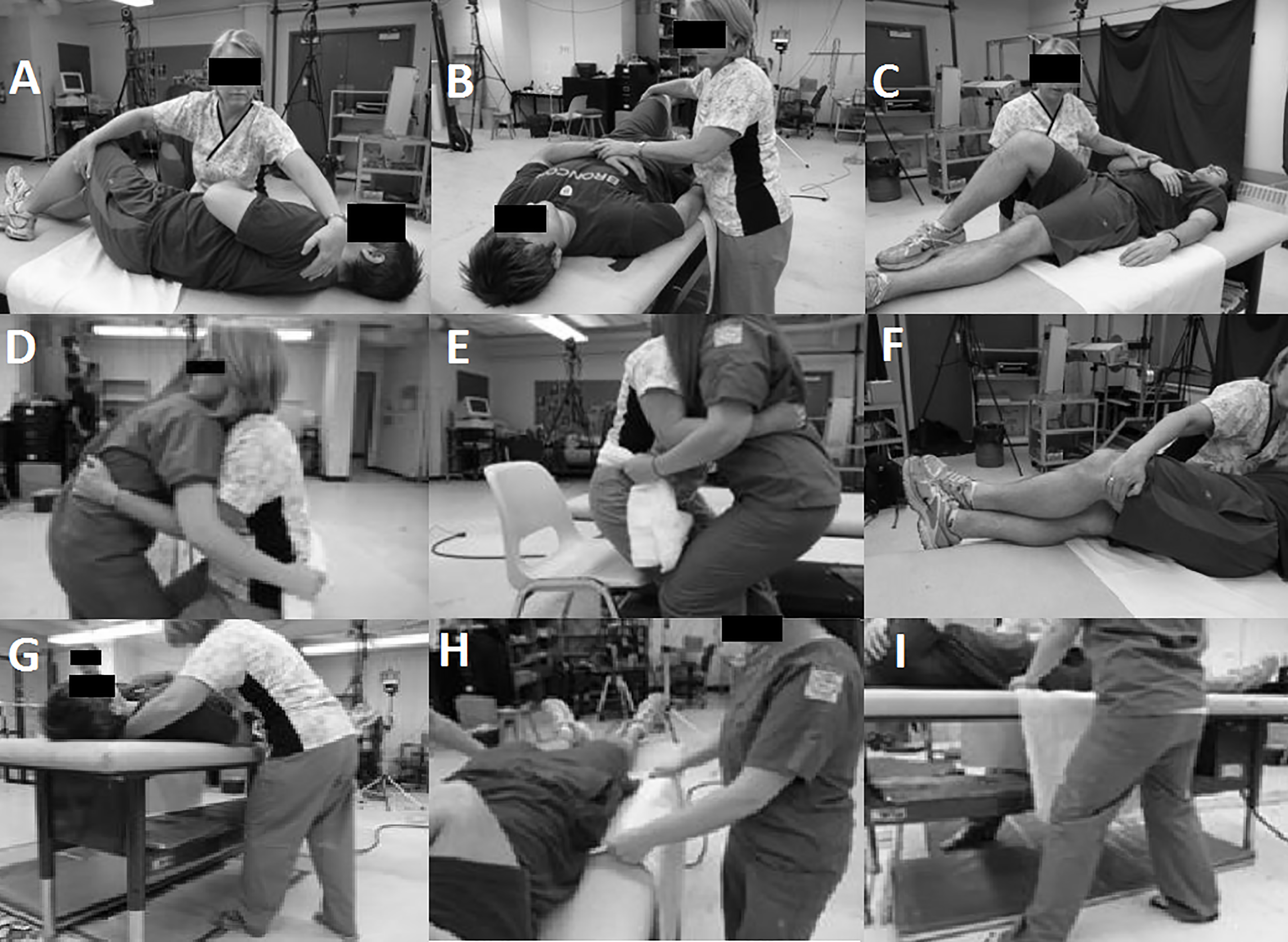 Example manual patient handling pictures that would accompany detailed descriptions on how to properly perform the recommended techniques. A: Turn Toward initiation; B: Turn Toward; C: Turn Away; D: Sit-to-Chair lift; E: Sit-to-Chair lower; F: Lie-to-Sit hand position; G: Lie-to-Sit foot position; H: Reposition hand position; I: Reposition foot position.