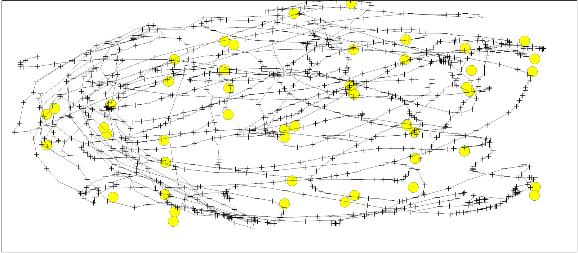 An example of hand’s trajectory during an exercise; the yellow circles indicate where the virtual hand (moved by the child) hit the virtual bubbles.
