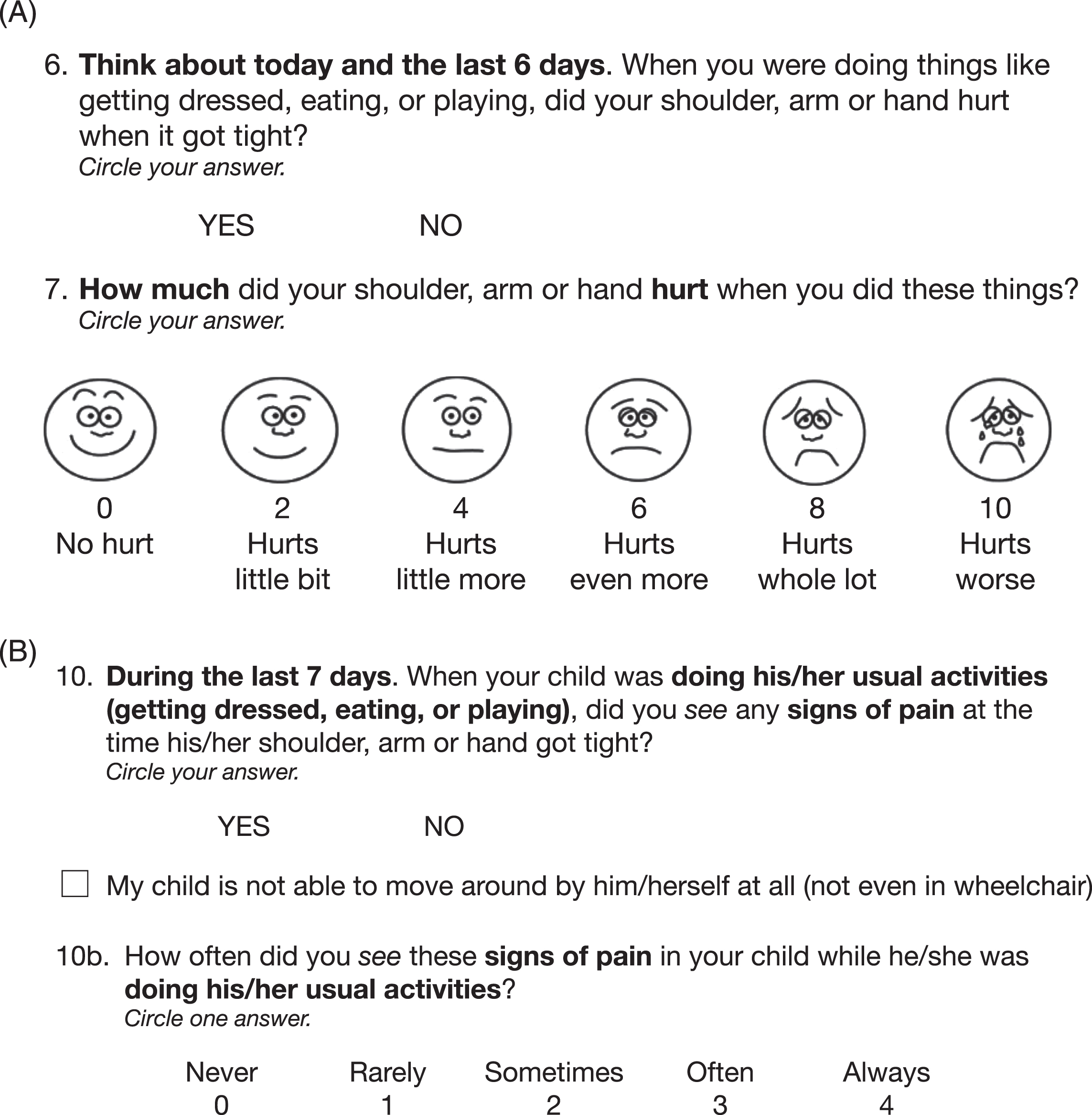 Item examples of the Questionnaire on Pain caused by Spasticity (QPS). (A) Items 6 and 7 of the upper limb children/adolescents module and (B) Item 10 of the upper limb parent/caregiver module. Reproduced with permission of Merz Therapeutics GmbH.