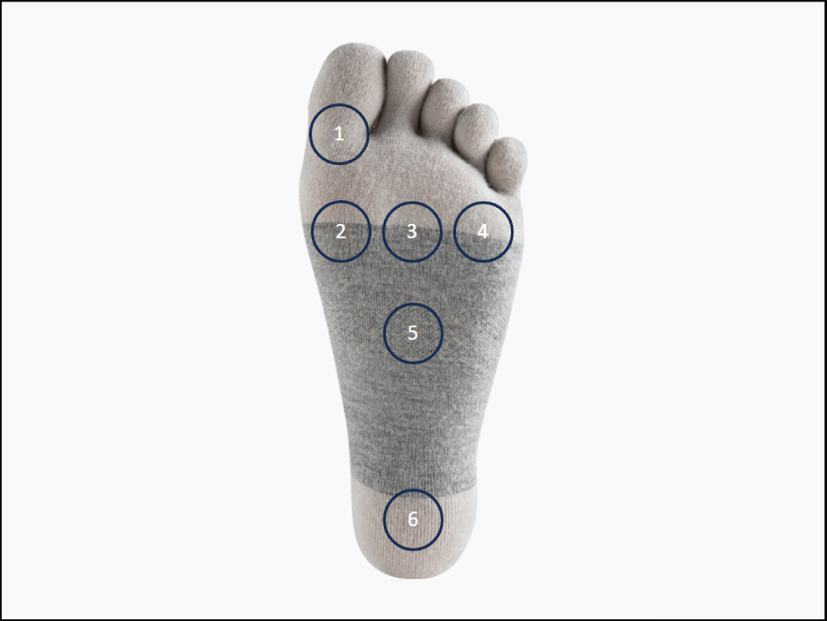 Location of Sock Sensors. Bottom of the sock where sensors are placed at the hallux (sensor 1); metatarsal points 1, 3, and 5 (sensors 2–4); midfoot (sensor 5); and heel (sensor 6). More information can be found at https://www.pngkit.com/view/u2e6r5t4q8o0r5w7_bottom-sock-bottom-of-foot-sock/.