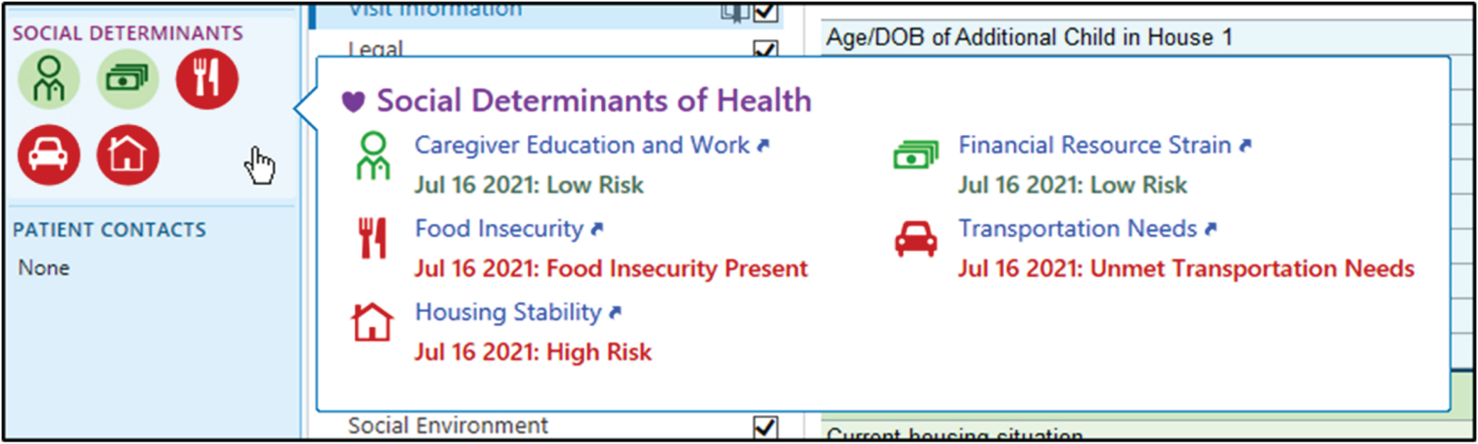 Social determinants of health (SDOH) specific questions are included in the social work clinical documentation. Subsequently, other SDOH activity related functionality is automatic updated in EPIC® (e.g., Storyboard icons, the SDOH domain wheel, SDOH risk scores).