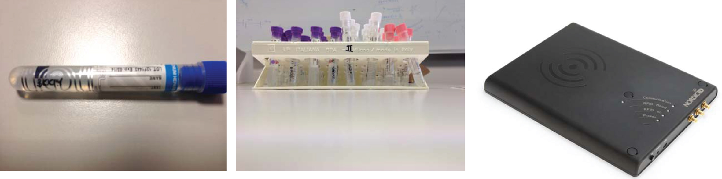 Blood tube tagged close to the curved edge (a); tube rack ready to be placed on the reading antenna (b); USB fixed desktop reader (c).