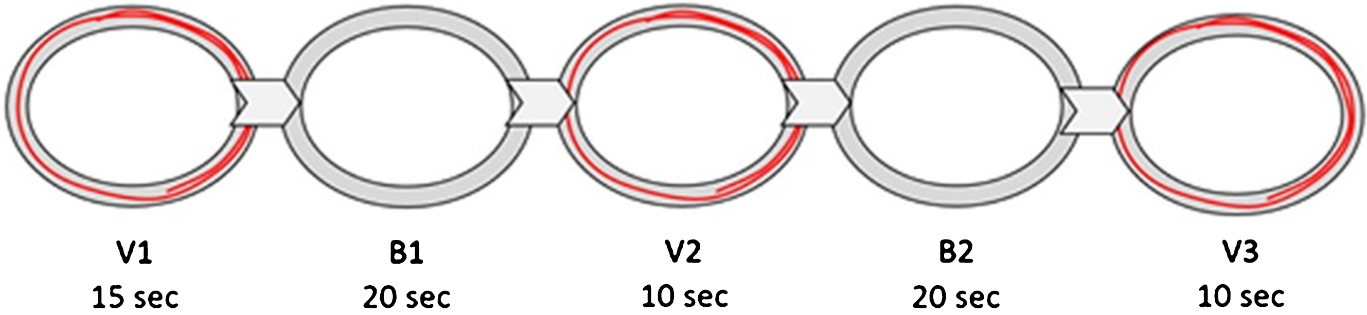 An illustration of the five segments of each exercise trial. A gray area bounded by two concentric black ellipses mark the target area on the phase plane, within which participants are asked to maintain the cursor. During V1, V2 and V3, a red trace representing the forearm movement is displayed on the screen. During B1 and B2, the trace of the movement is not displayed on the screen. The time span for each segment is marked below the segment name.