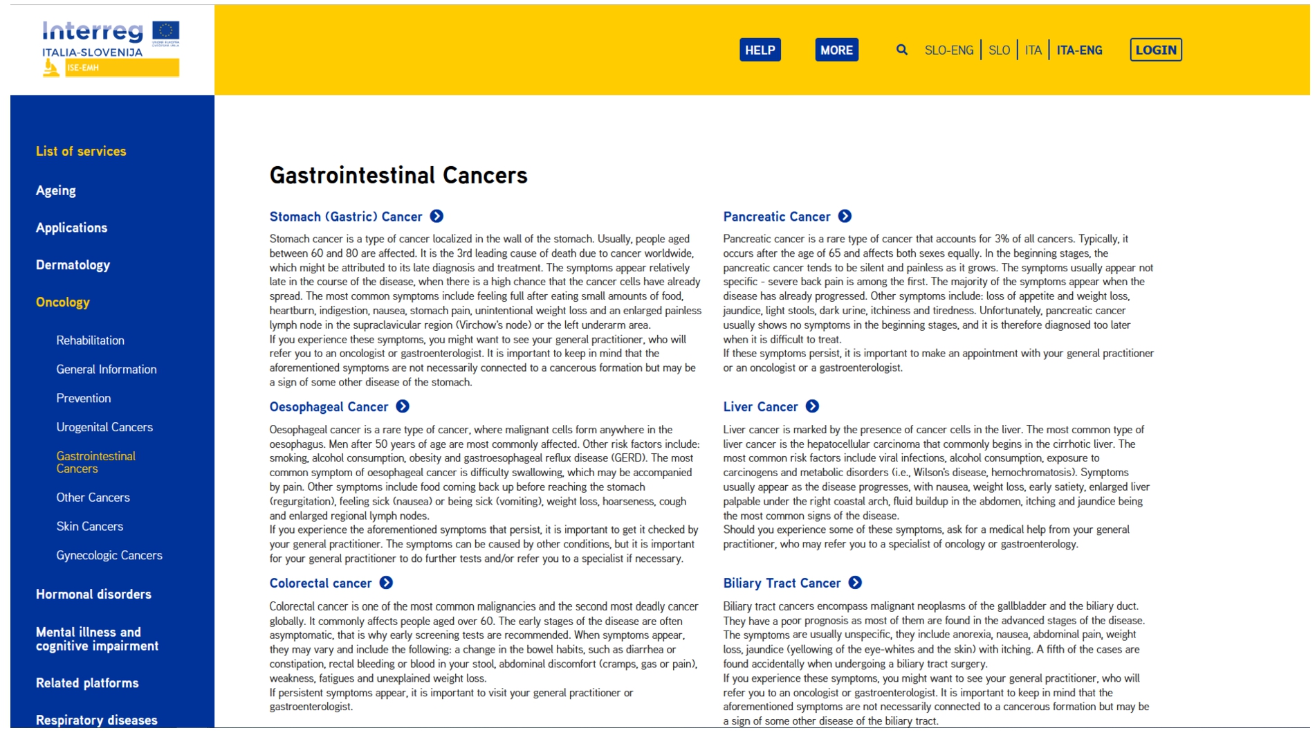 Manual search on the Insieme platform – list of gastrointestinal cancer services.