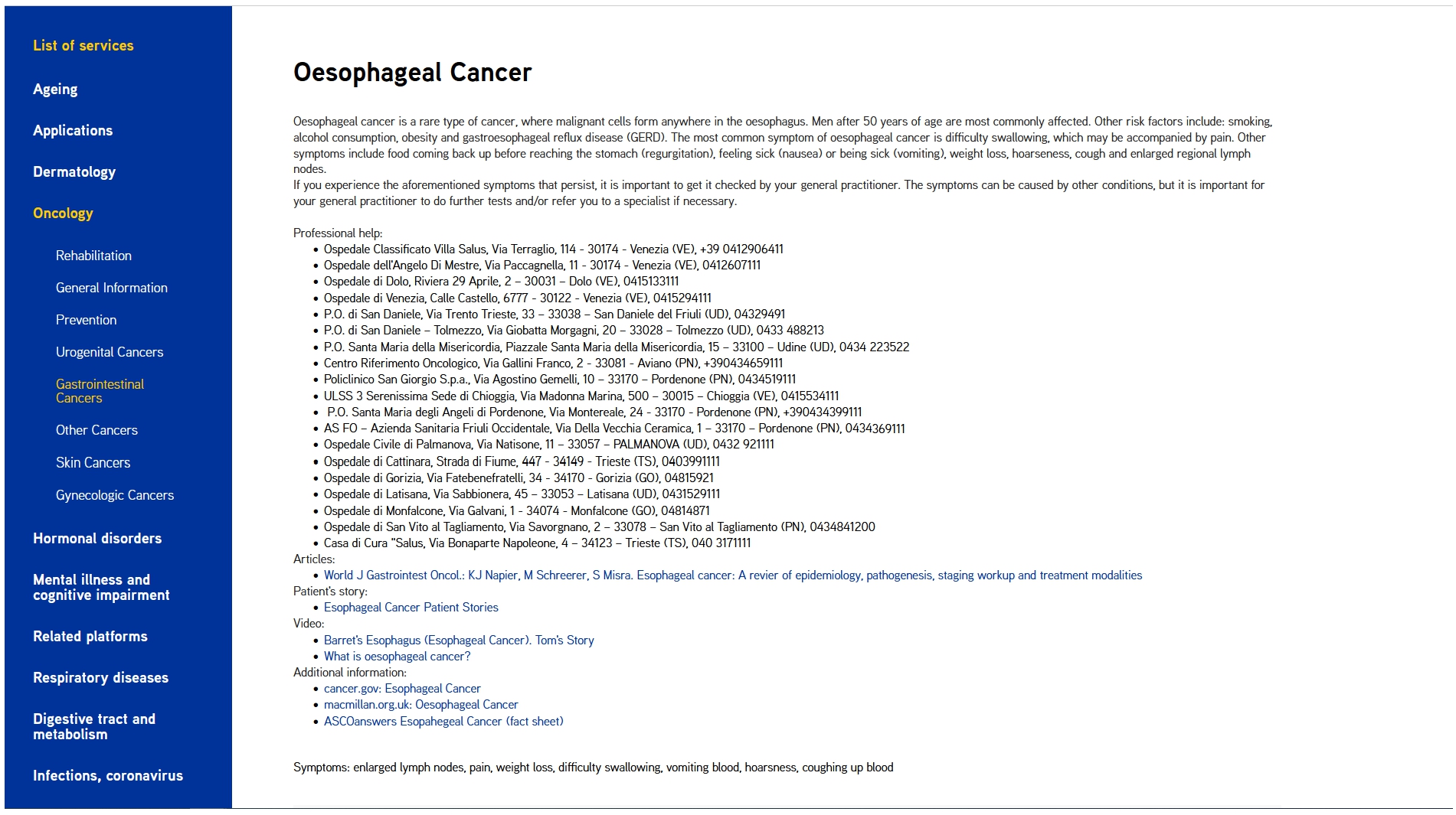 An example of core information in the Insieme platform – the esophageal cancer service.