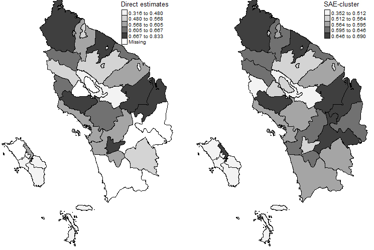 Comparison of the spatial distribution for the direct estimates and SAE-cluster estimates.