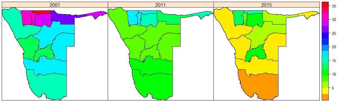 Spatial distribution of orphanhood (% of households with at least one orphaned child aged below 18 years) for year 2001, 2011, and 2015.