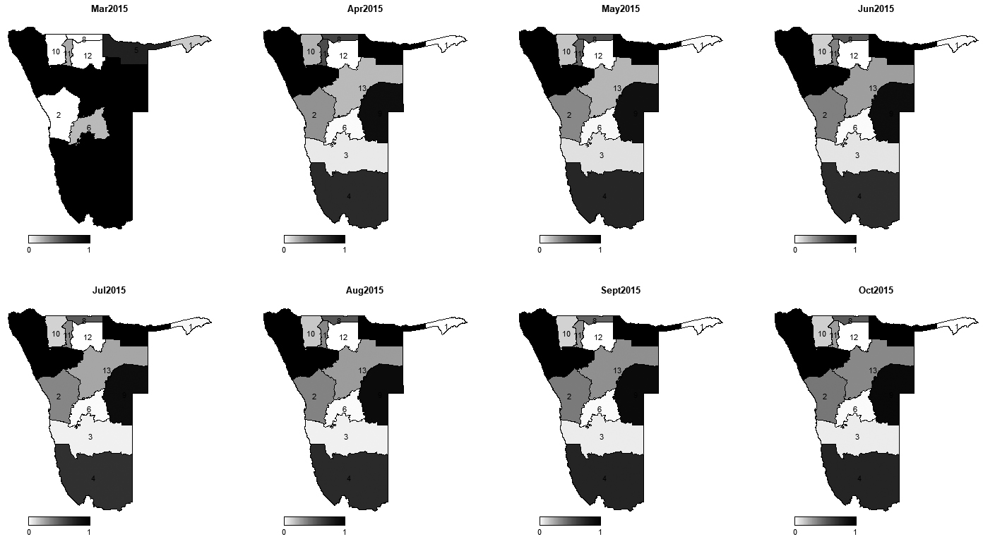 Map of posterior probabilities of incidence rate ratios exceeding one for 2015.