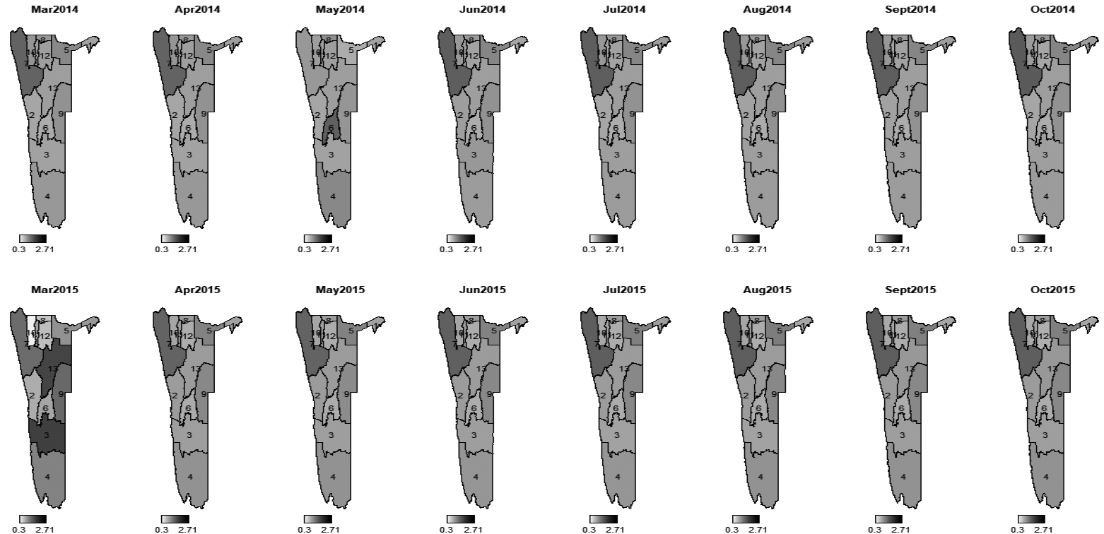 Posterior mean of spatio-temporal interaction (exp⁢(γ𝑖𝑡) for maintenance grant (2014–2015) in Namibia.