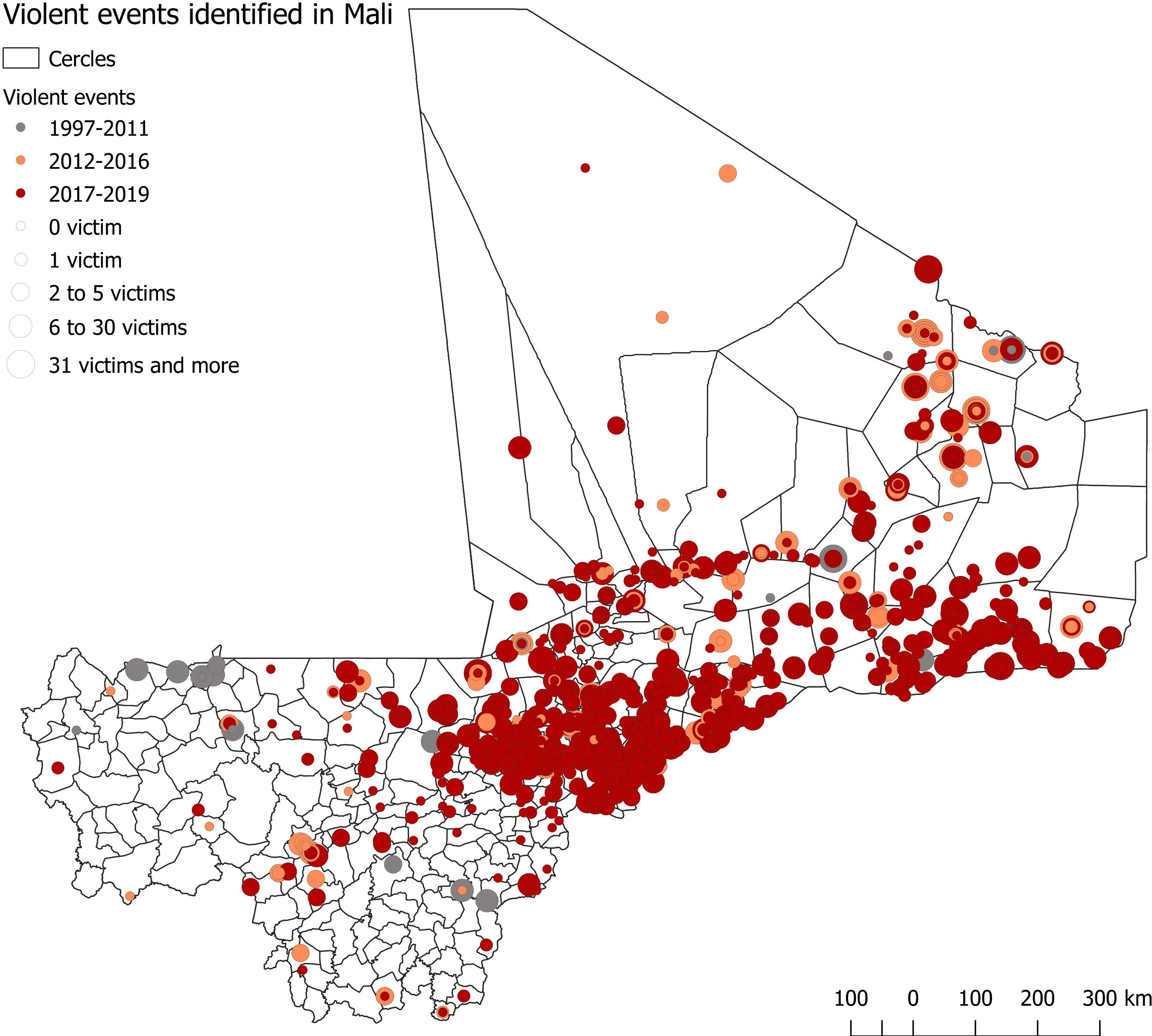 Spatial and temporal dynamic of conflict events identified in mali between 1997 and 2019. Sources: ACLED, 1997–2019, produced by Thomas Calvo. Notes: Violent events include battles, violence against civilians and remote violence.