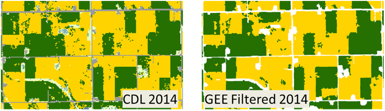 Comparison of 2014 CDL before (left) and after (right) filtering.