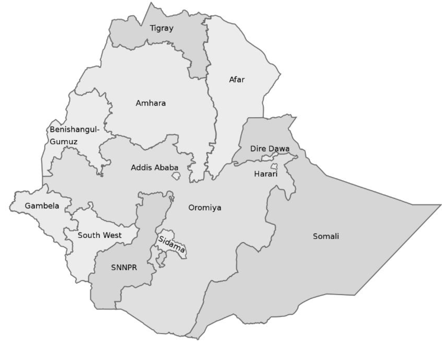 Regions of Ethiopia (as of 2021). Source: https://en.wikipedia.org/wiki/Regions_of_Ethiopia.