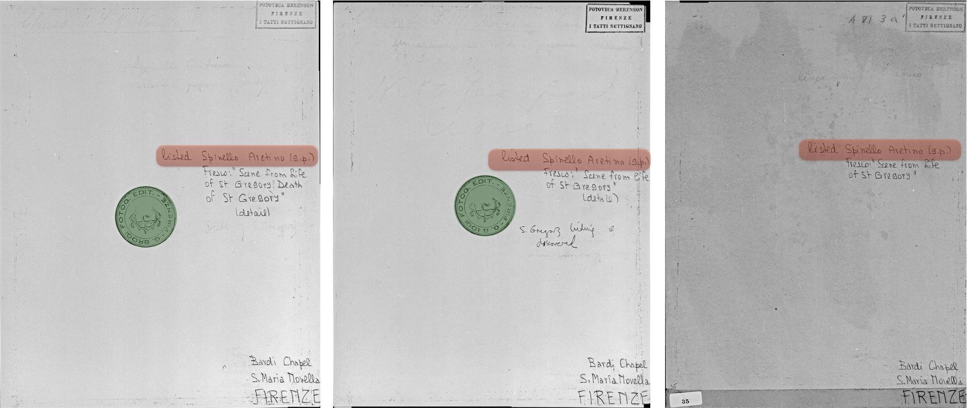 Matching stamps and handwritten text on the verso of photographs.