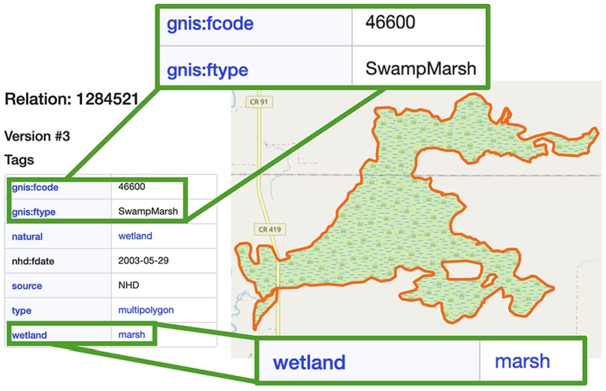 Screenshot of a wetland instance on OpenStreetMap matching an active area corresponding to an instance we generated from the CA wetland data.