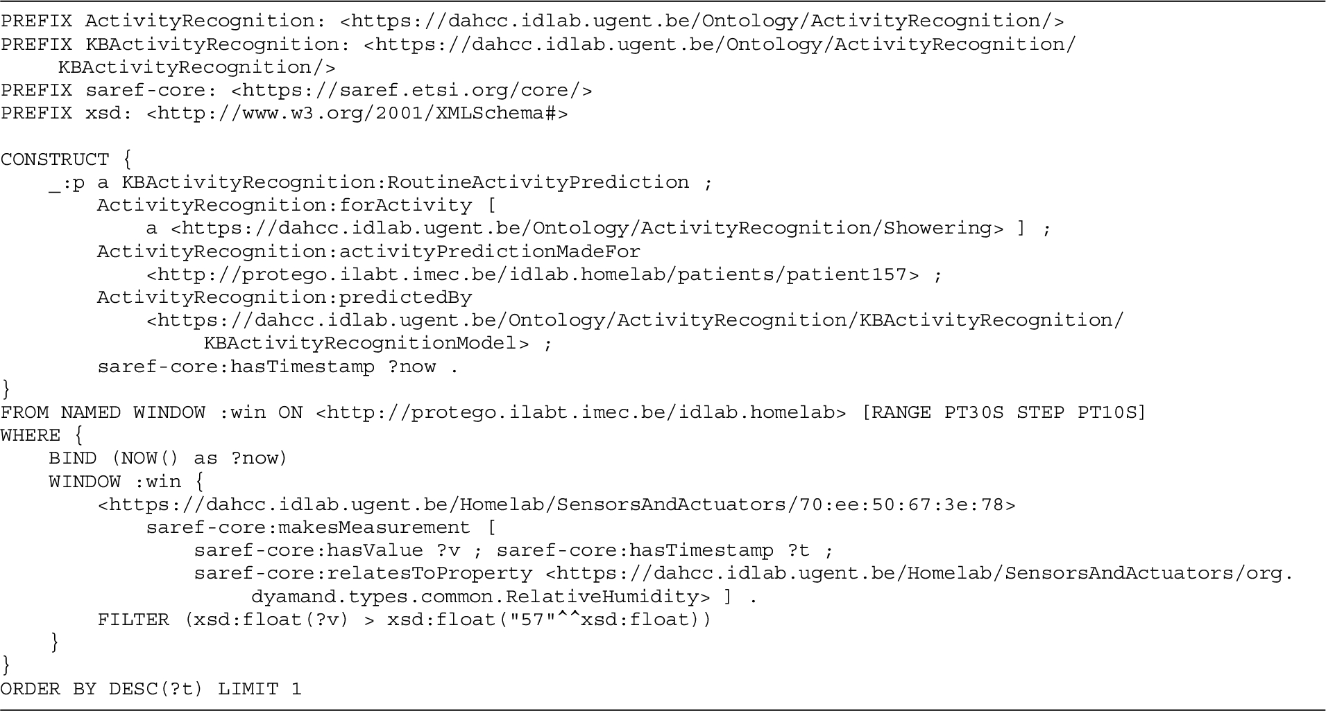 Final RSP-QL query that is the result of performing the window parameter substitution and query construction steps of the DIVIDE query derivation, performed for the running example on the input variable substitution output presented in Listing 6.