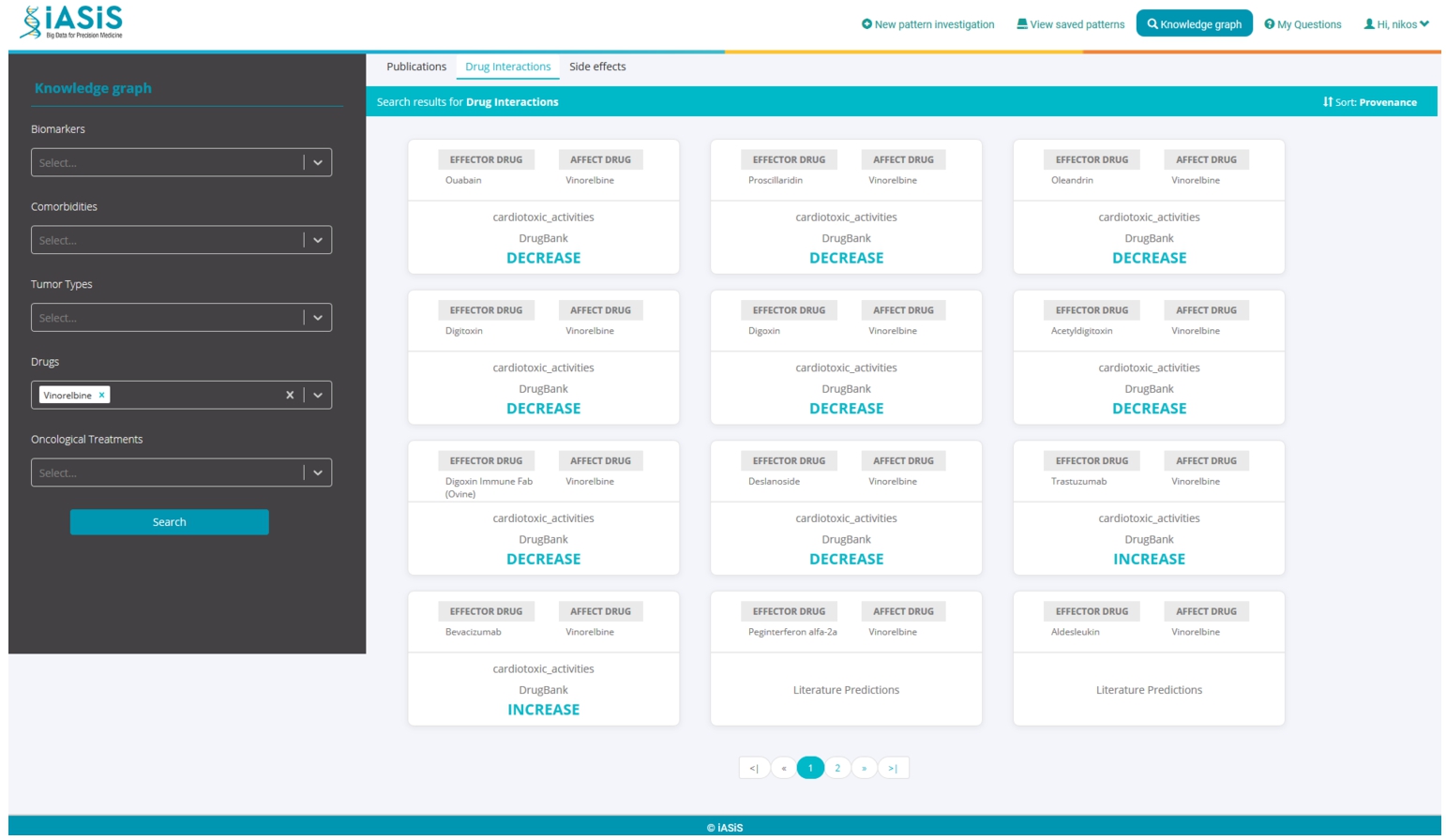 Knowledge graph exploration through the iASiS dashboard. This example is providing all documented, predicted and deduced drug interactions for Vinorelbine.