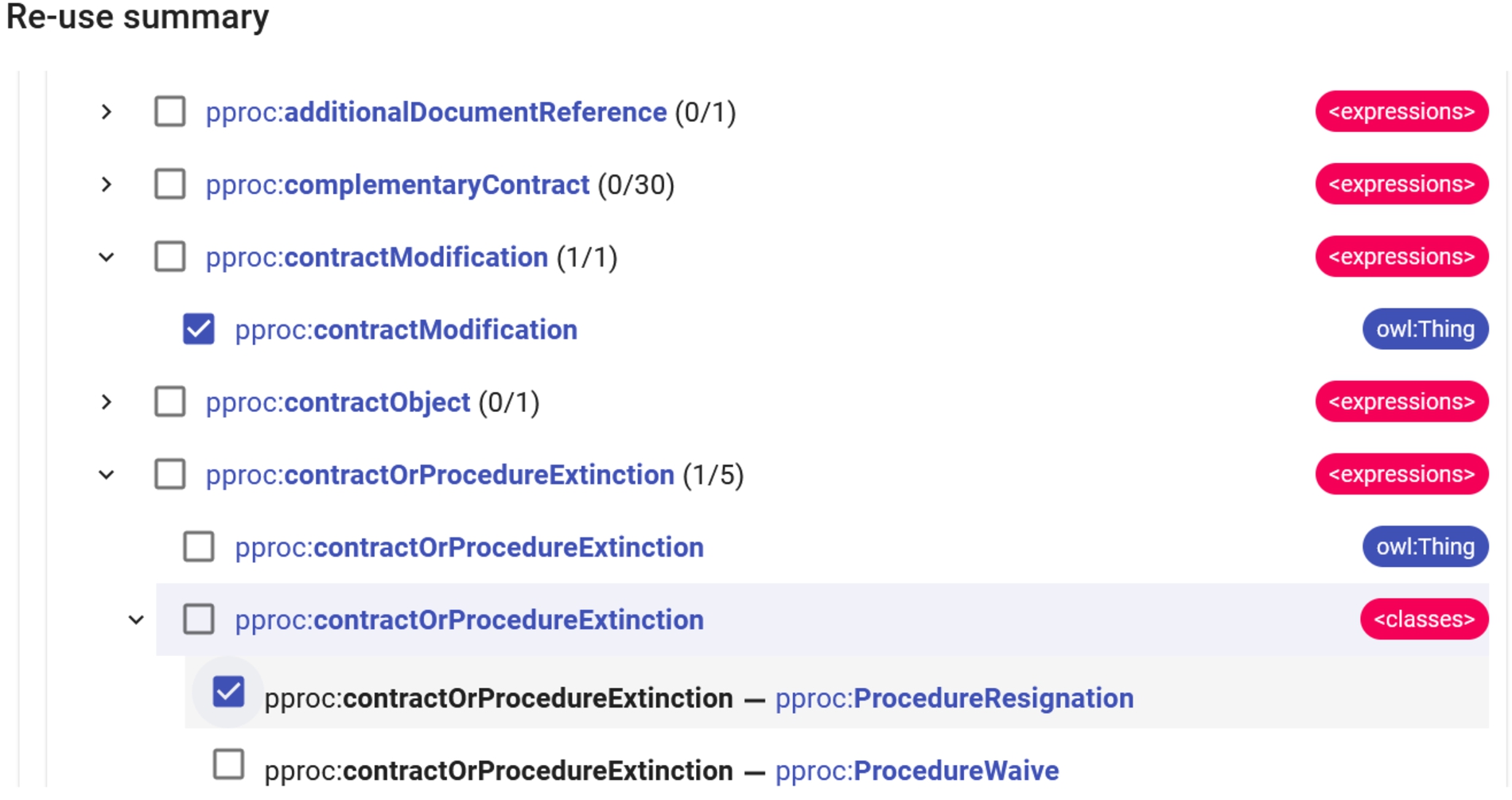 OReCaP interface: the reuse summary, with user’s choices of two CEs.