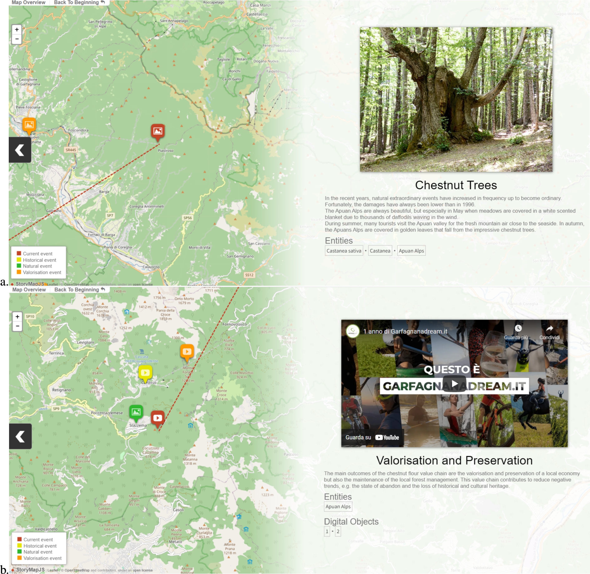 a. An event of our story map case study on Apuan Alps regarding the beauty of the centuries-old Chestnut trees; b. an event of the same story map that includes a video about the valorization and preservation of the local economy.
