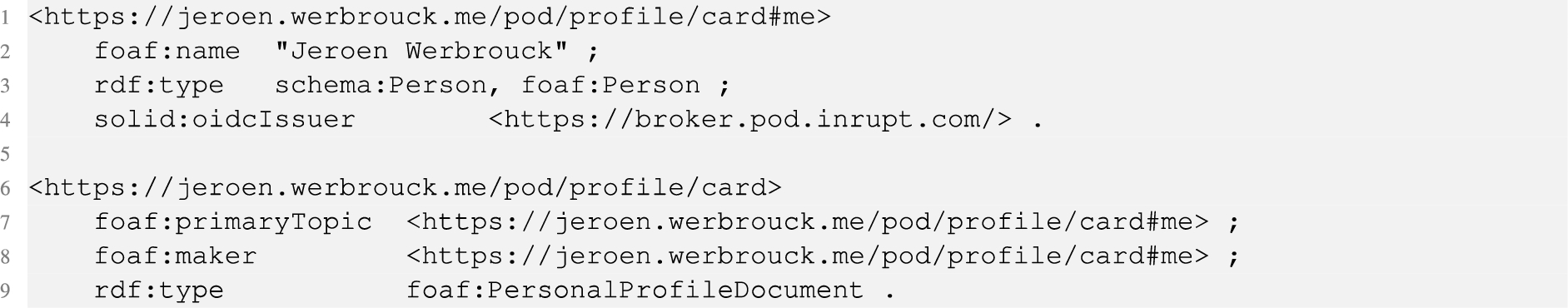 Example solid “card” (Turtle syntax). The WebID is a specific resource in the card that can be semantically enriched with RDF. Prefixes are included in the Appendix