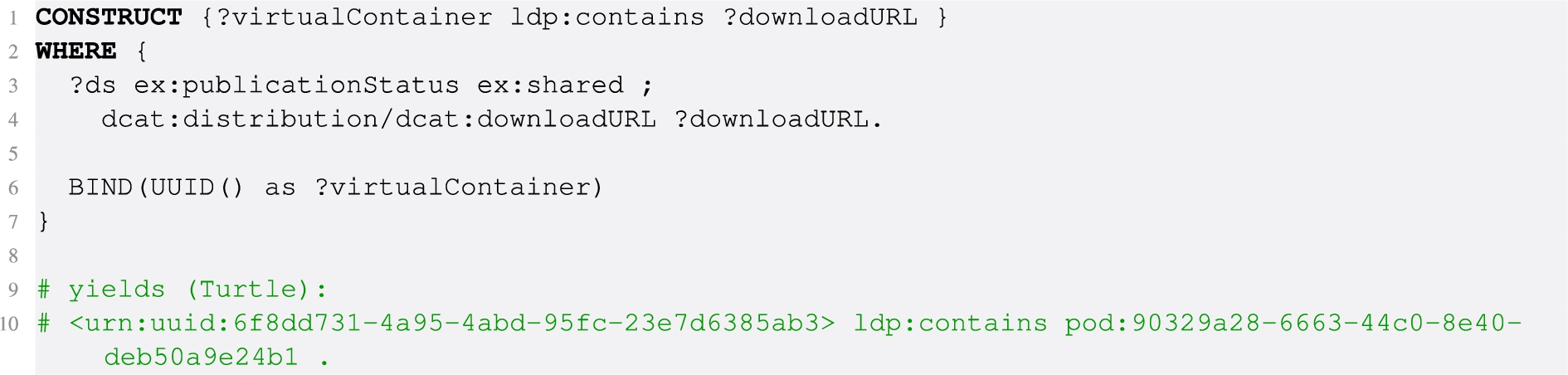 SPARQL query to filter project datasets that are ‘shared’ and return their distributions as virtual containers, to be used by LDP-compatible tooling