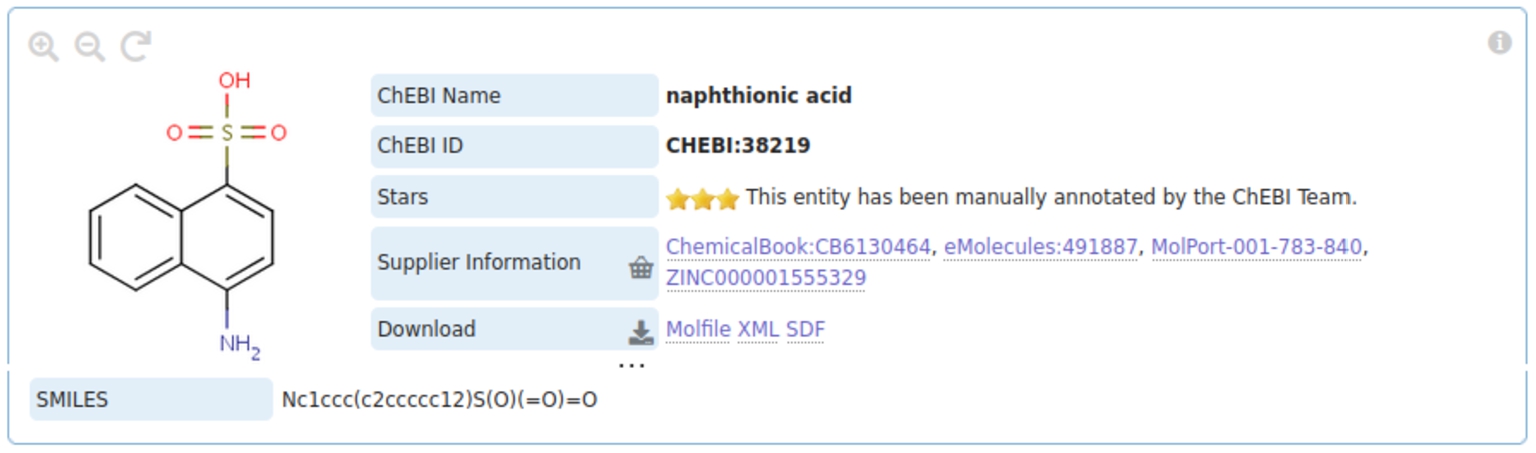 The class of naphthionic acids as represented in ChEBI. The bottom of the picture shows the structural annotation with SMILES. These annotations will be used by our system to predict subsumption relations.