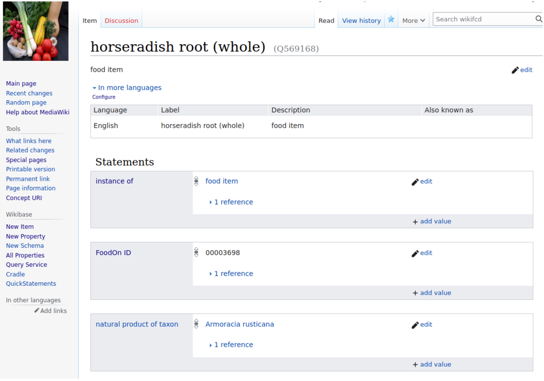 Item for horseradish root (whole) with a statement containing the FoodOn identifier.