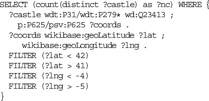 Query to the Wikidata endpoint for retrieving the number of castles in a bounding box with the following WGS84 coordinates: South 41°, North 42°, West −5°, East −4°