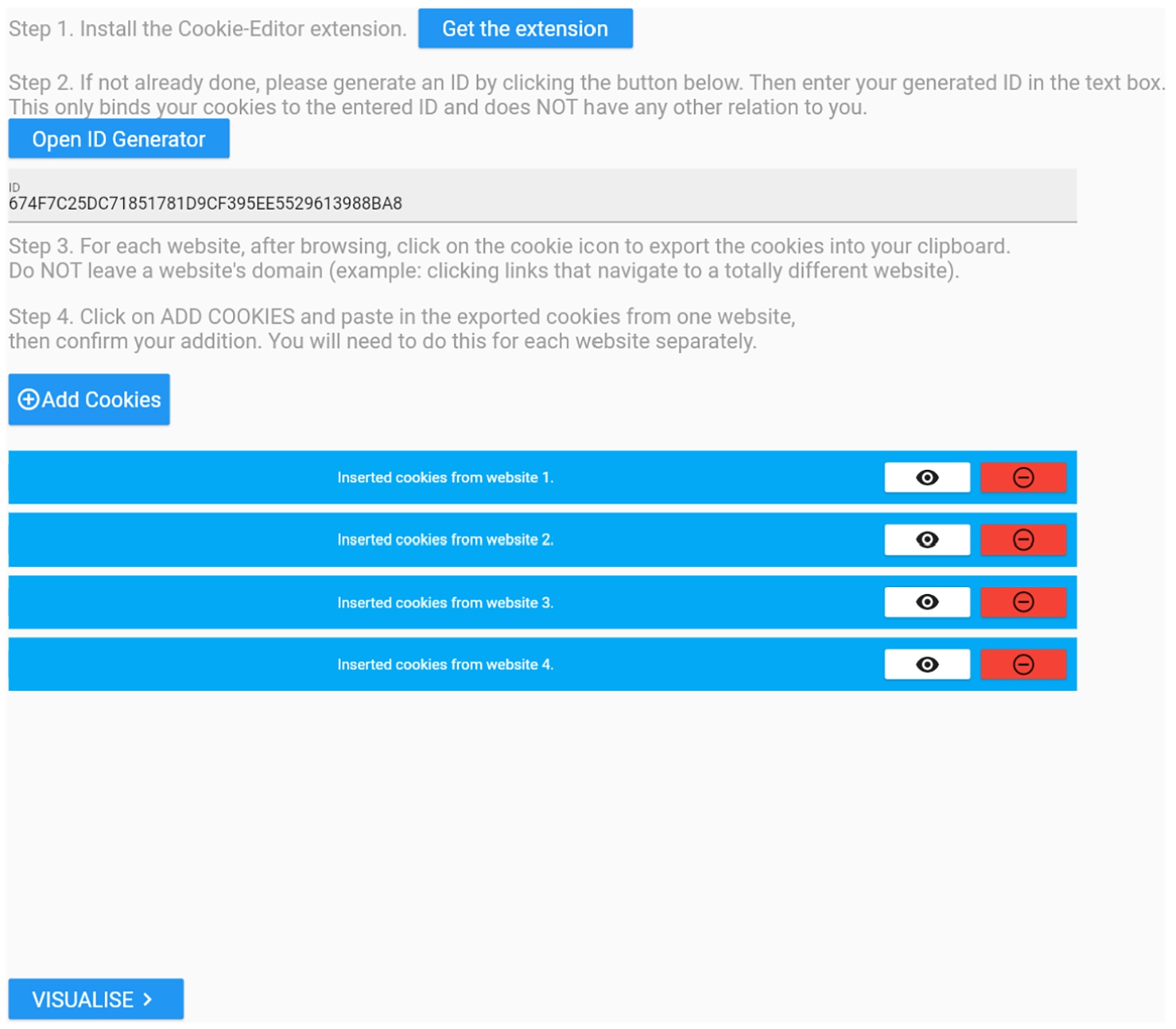 Main input page of the cookie visualisation tool.