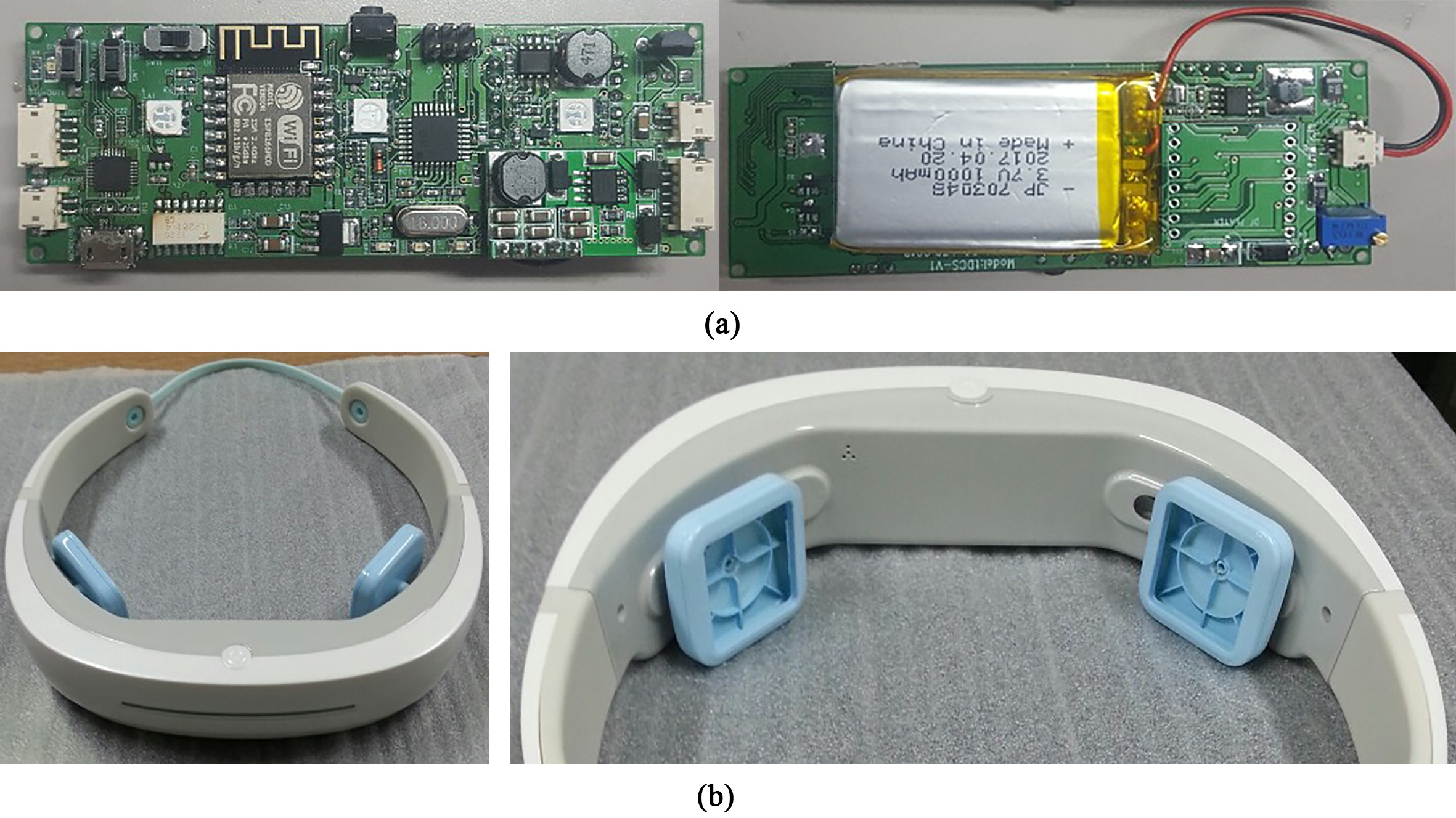 Developed tDCS device: (a) main controller, and (b) assembled device.