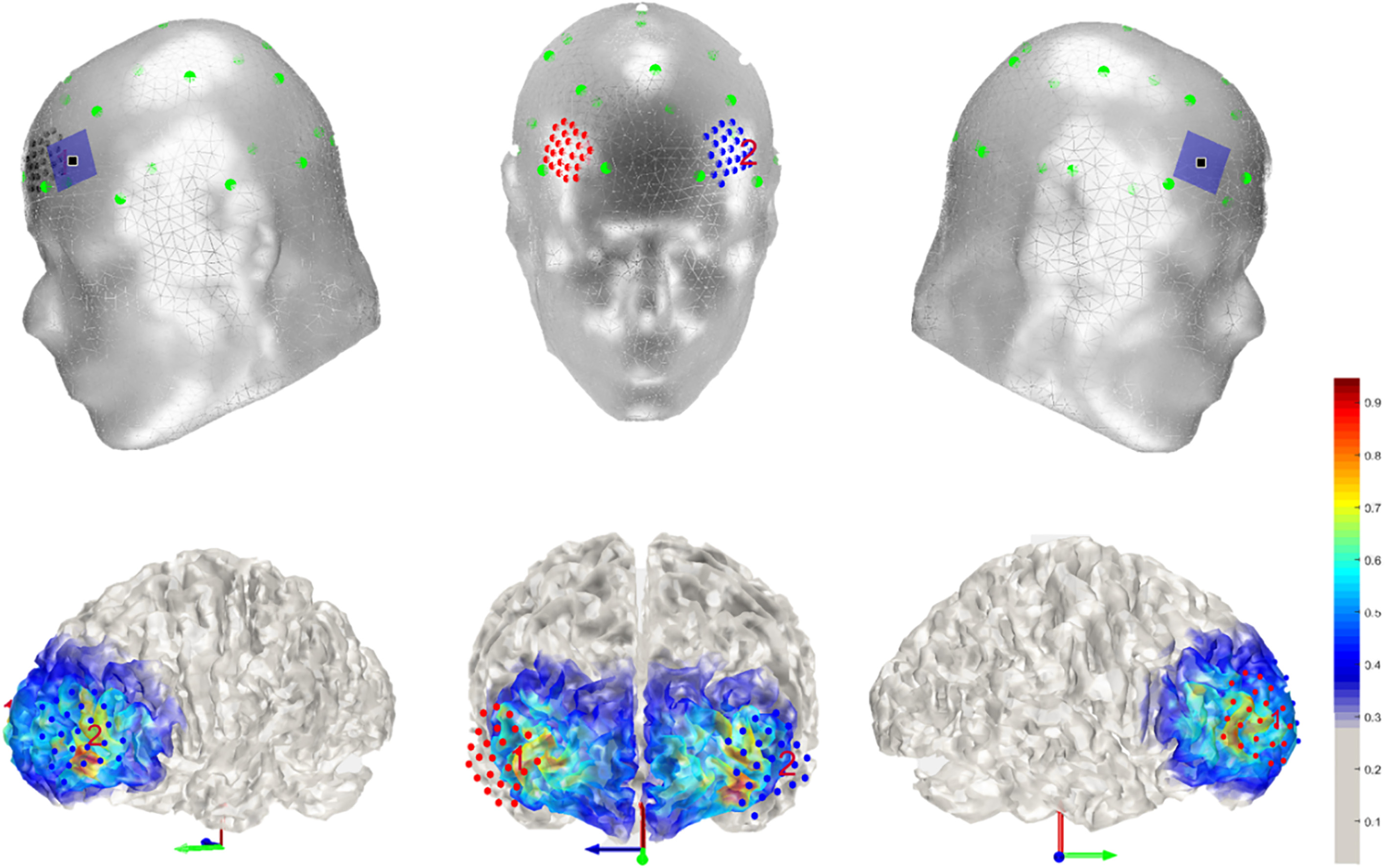 tDCS simulation result from COMETs software. The first column shows the electrode location and shape (3 cm × 3 cm) for brain stimulation. The second column shows the 3D cortex imaging, including the stimulated areas.