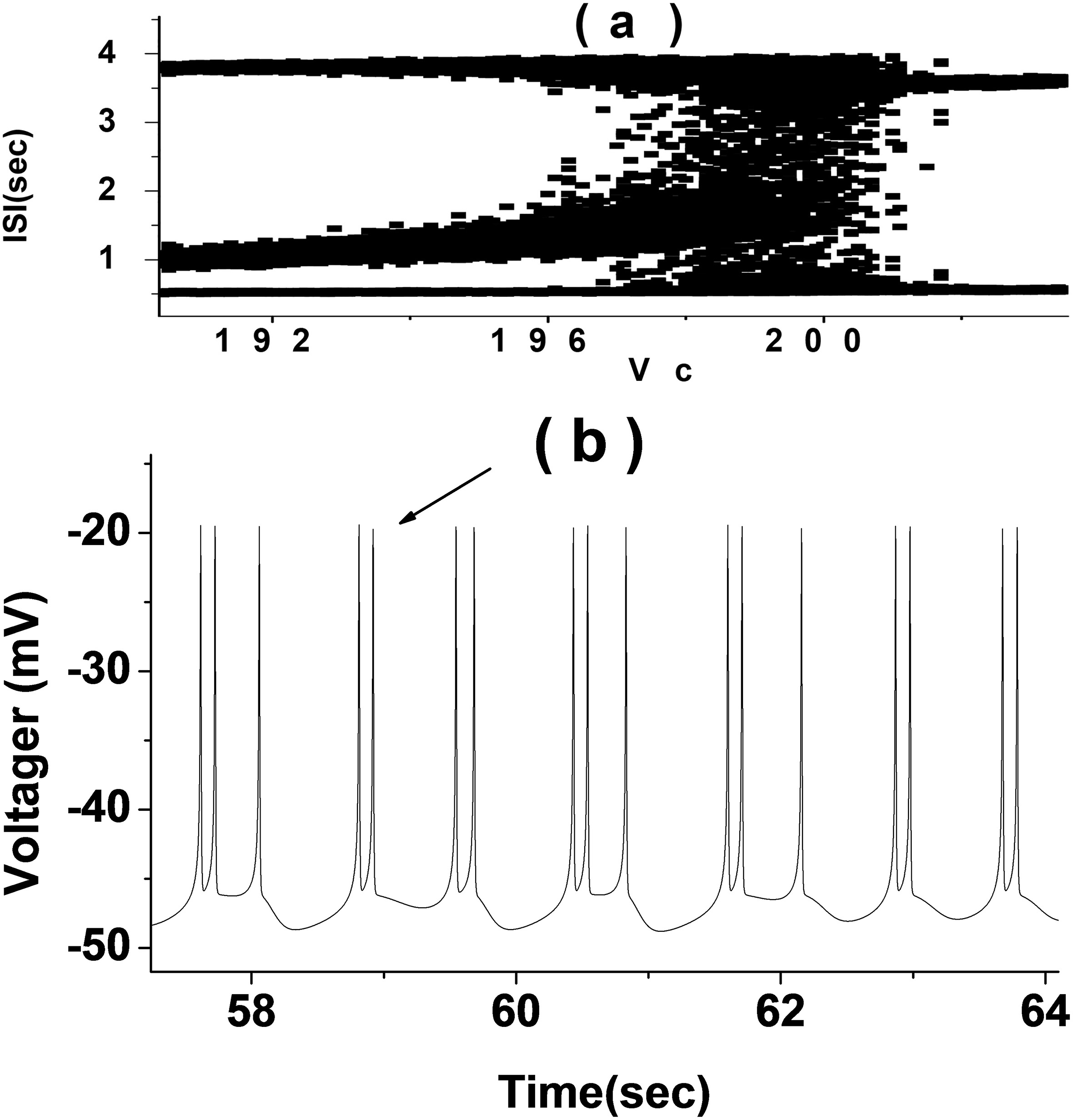 (a) bifurcation sequence between period 2 and 3 bursting, (b) chaotic discharge rhythm trajectory diagram with period 2 and 3 bursting (vc= 199.5 mV).