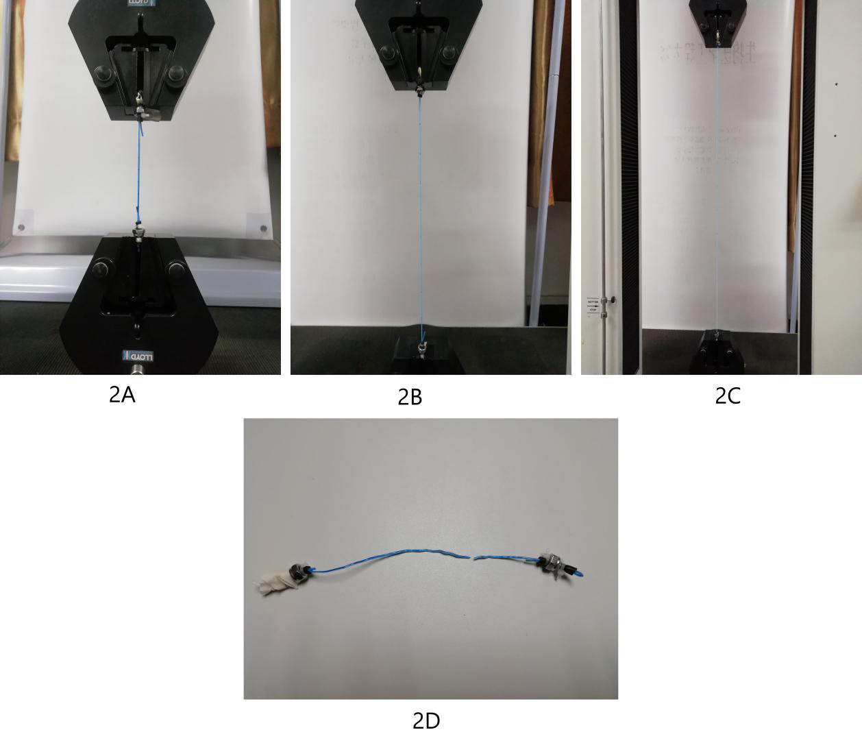Mechanical test process. 2A: Conduit ready for stretching; 2B: Conduit stretching in progress; 2C: Conduit tension near limit state; 2D: Status after conduit fracture.