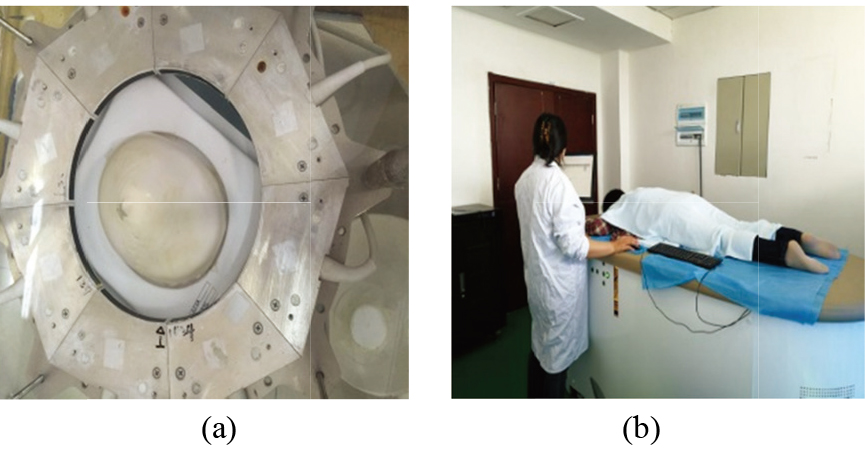 (a) Ring transducer and breast phantom 052A; (b) Breast scan of a female volunteer.