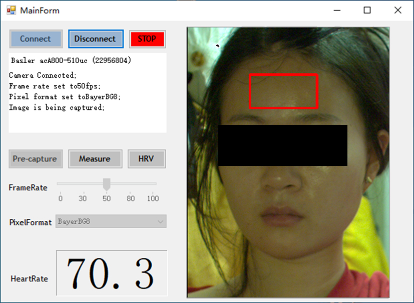 The software of the HR measurement system. The right panel shows the video captured by the camera, in which the red rectangle shows the ROI at the forehead. The HR was displayed at the left-bottom. The color format could be adjusted to BayerBG 8bit, BayerBG 10bit, or RGB format.