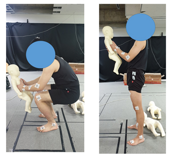Placement of reflective markers on anatomic landmarks for motion capture during lifting up an infant dummy.