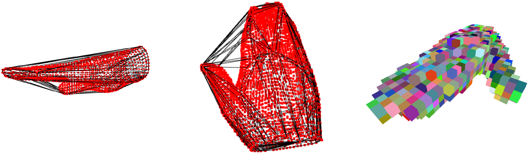 Two views of convex envelope edges (black lines) enclosing the scanned hand vertices (red dots) by the gift wrapping algorithm. On the right an example of hand tessellation.