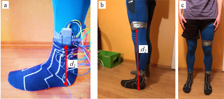 Experimental setup: Position of the ankle (a) and tight (b) modules, initial position for measurements (c).