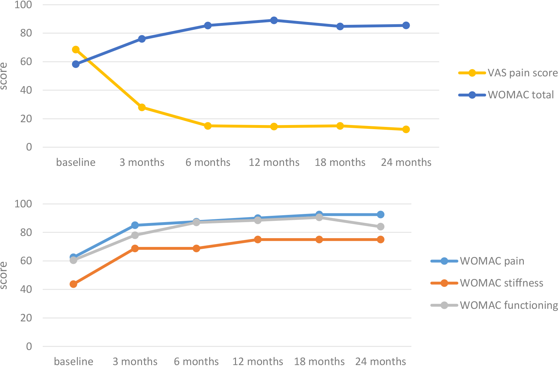 Upper graph: median WOMAC score and VAS pain score in time for the 10 patients. Lower graph: median WOMAC scores per subscale in time for the 10 patients.