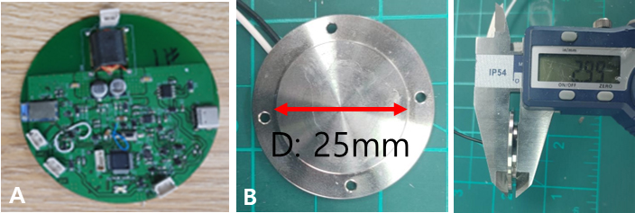 Stimulator components. A: Ultrasound driving board, B: Ultrasound transducer.