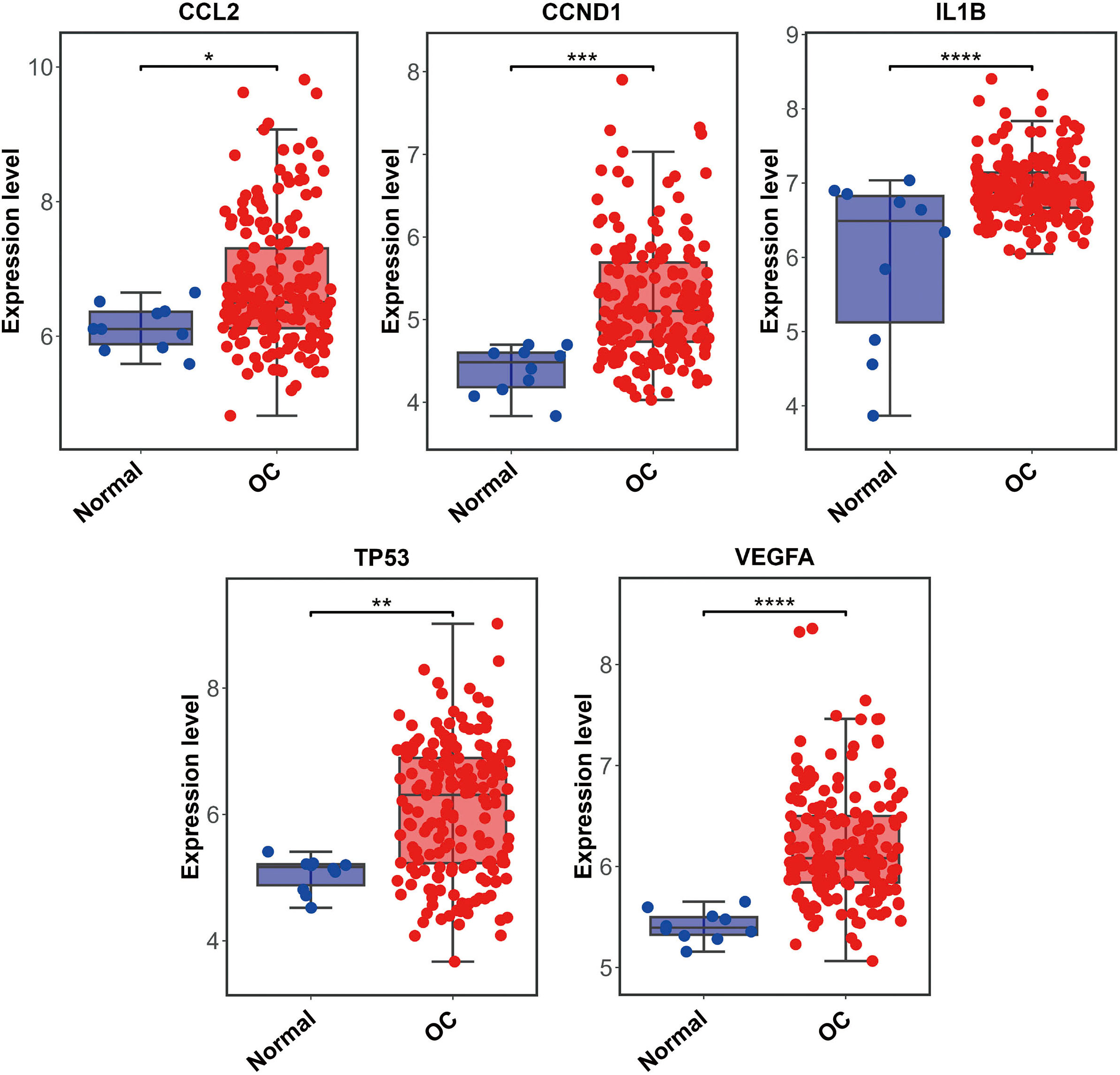 Box plots show the expression levels of CCL2, CCND1, IL1B, STAT3, TP53, and VEGFA between OC cases and controls in validation dataset GSE26712. Red indicates OC samples, while blue indicates normal samples. OC: ovarian cancer. *P< 0.05, **P < 0.01, *** P< 0.001, *****  P< 0.0001.