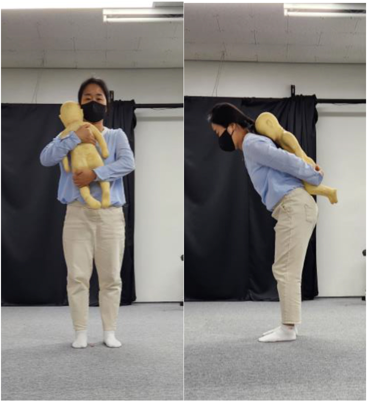 Two postures in for measuring postural balance during infant care. Two postures include holding an infant dummy in subject’s arm (left) and carrying an infant on subject’s back.