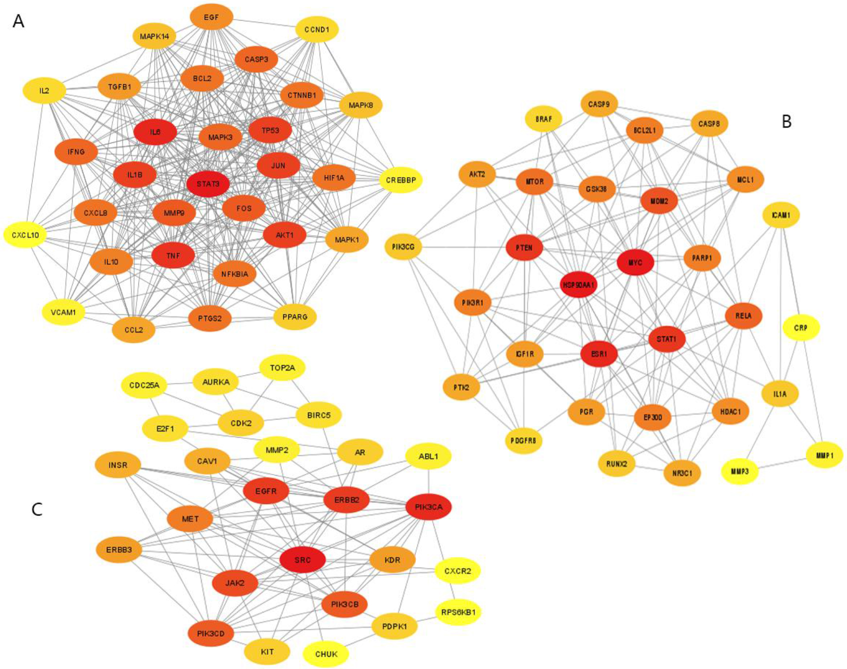 Representative map of protein-protein cluster network. The darker the red color, the stronger the correlation. (A) One protein-protein cluster with 31 nodes and 337 edges. (B) One protein-protein cluster with 31 nodes and 149 edges. (C) One protein-protein cluster with 26 nodes and 93 edges.