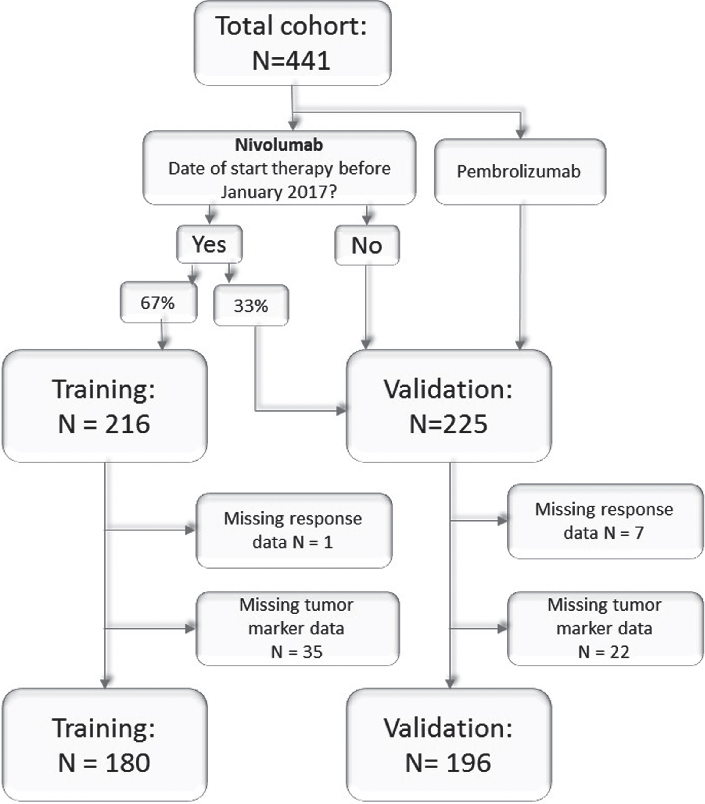 Consort chart. All patients treated with immunotherapy as second or higher line in the training and validation cohort.