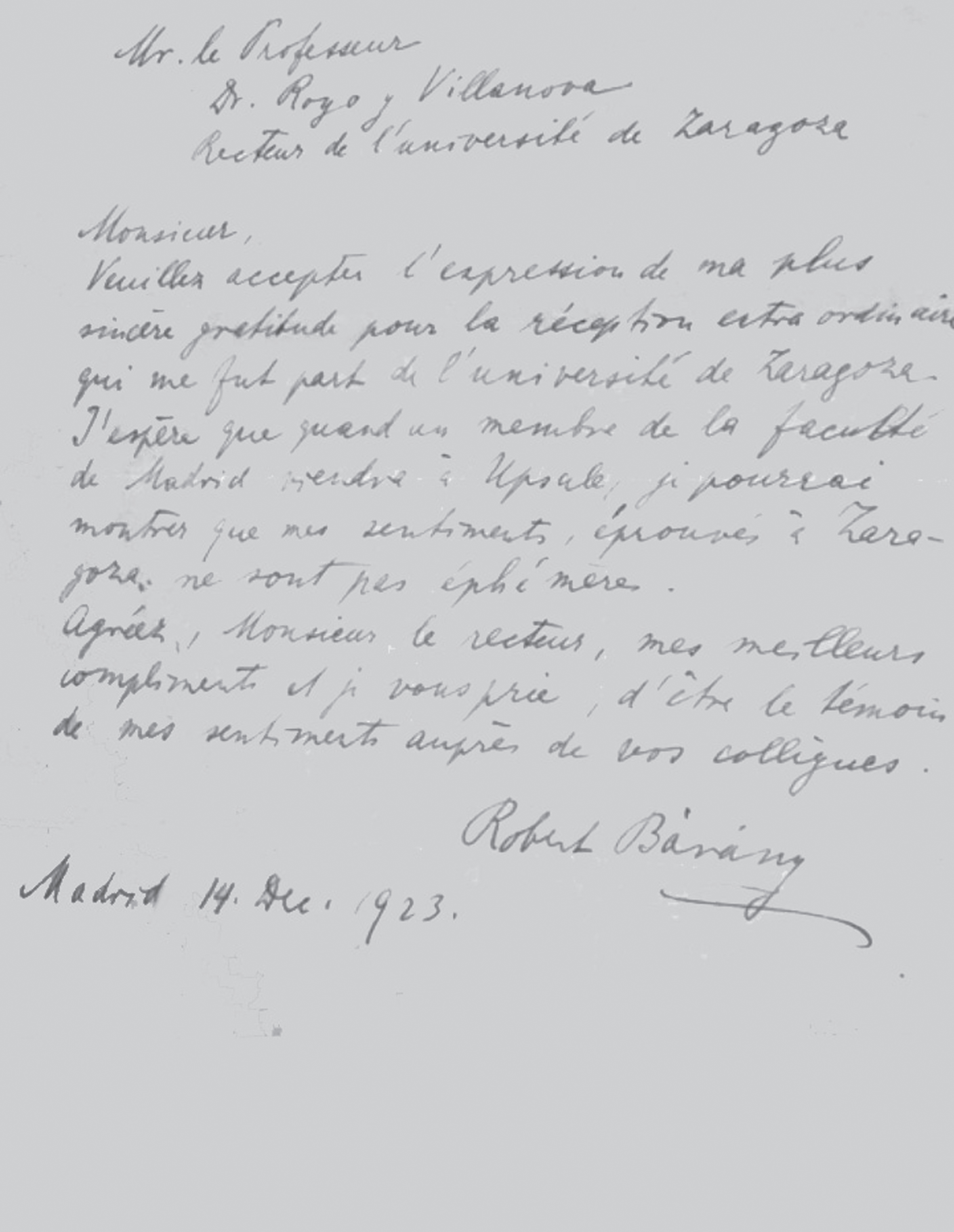 Letter of thanks from Dr. Bárány.