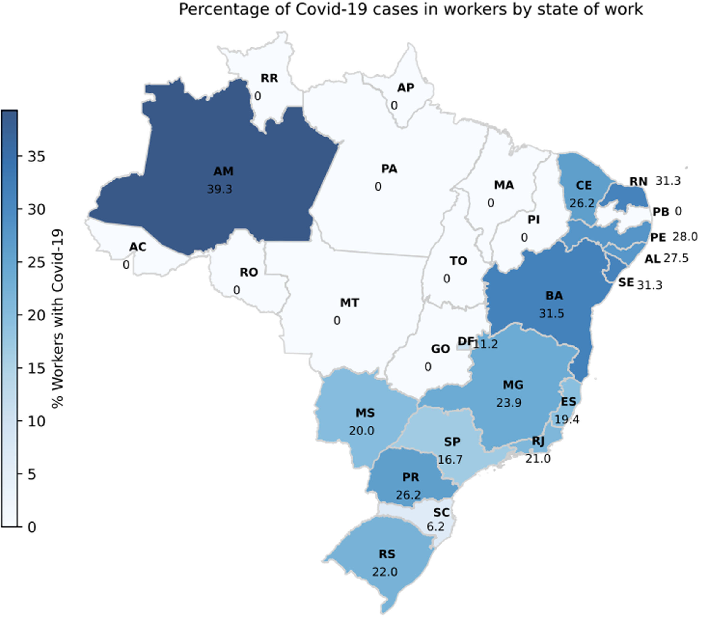 Percentage of workers with COVID-19 from June 2020 to June 2021 by state of work, in an oil and gas company in Brazil.