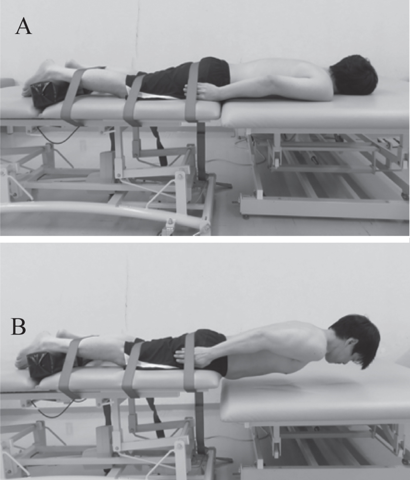 Biering-Sorensen test. A is the starting position and B is the testing posture.
