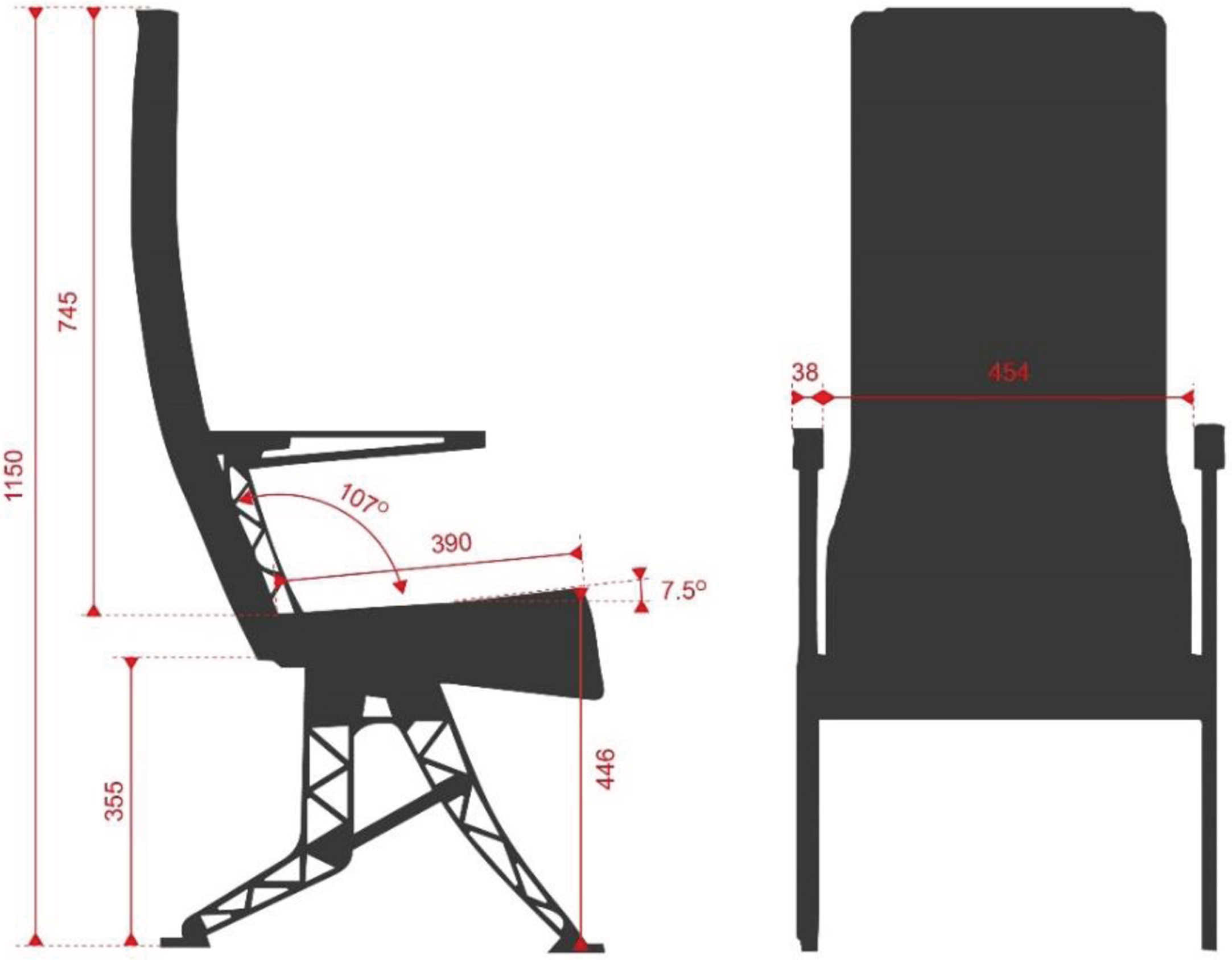 Dimensions of the Rebel Aero aircraft seat used in the test.