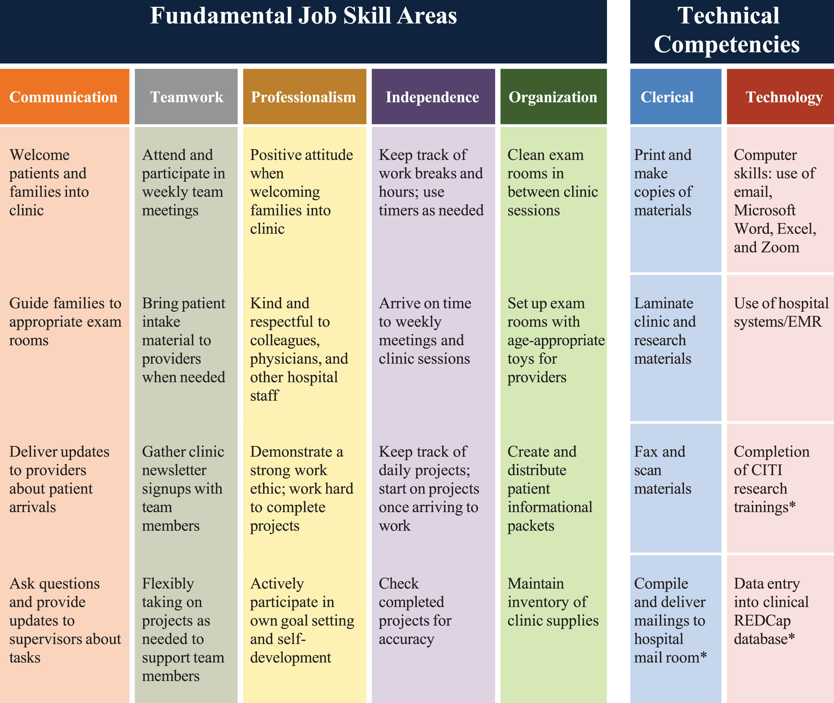 Participant responsibilities and job skill aims chart. Note. Responsibilities and skills fell into seven main categories, with example job tasks and goals listed for each area. *denotes additional job skills as part of the regular activities of the current permanent employees with DS.