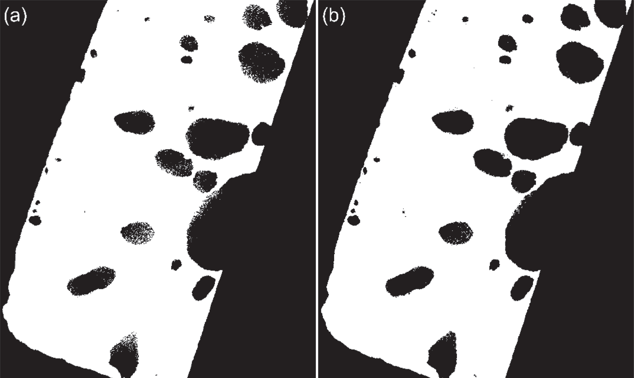 (a) Otsu and (b) MRF results for the steel column CT image shown in Fig. 3(a).